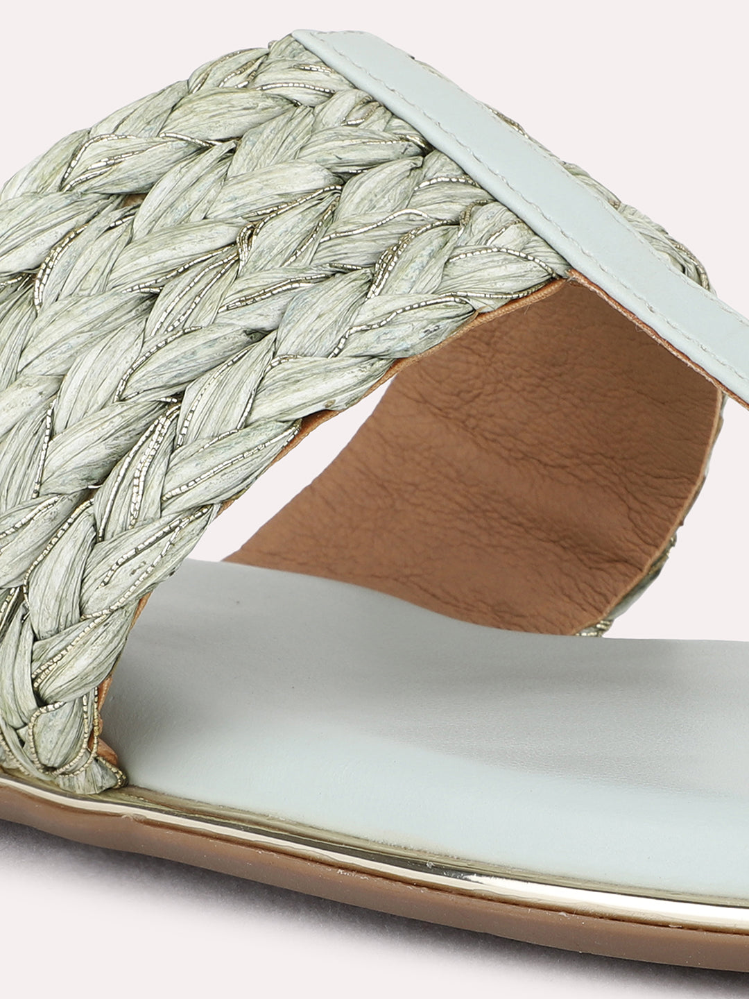 Womens Green Ethnic Embellished T-Strap Flat Slip-On Sandals