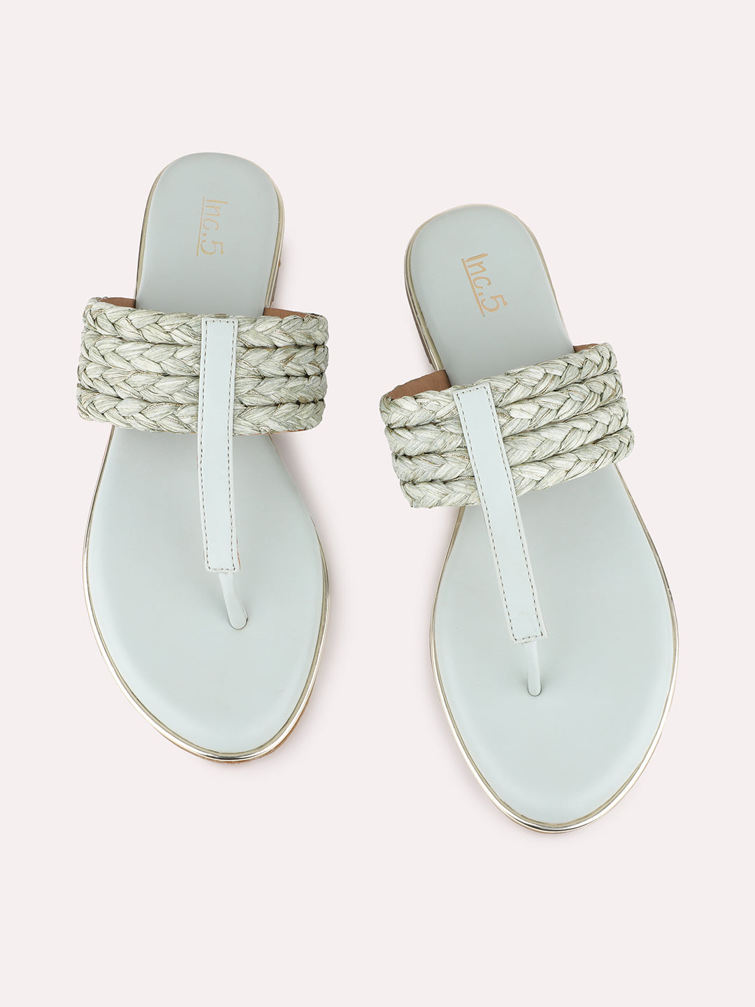 Womens Green Ethnic Embellished T-Strap Flat Slip-On Sandals