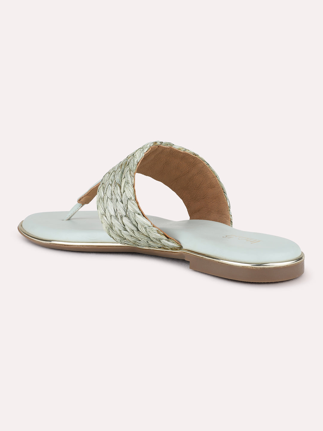 Womens Green Ethnic Embellished T-Strap Flat Slip-On Sandals