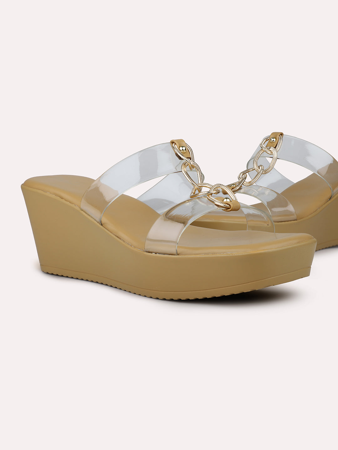 Women Beige Transparent Two Strap Wedge Heels With Chain Details