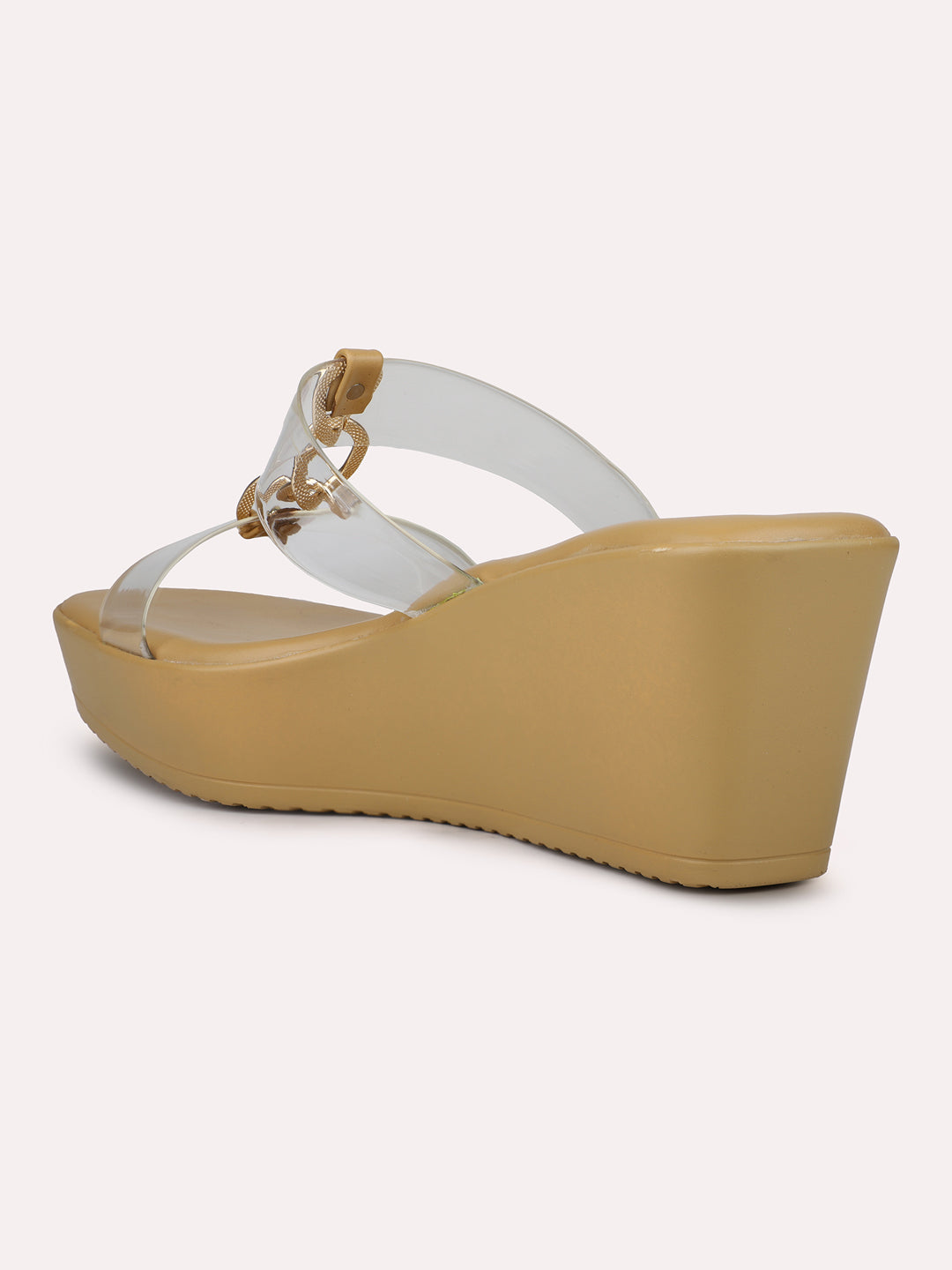 Women Beige Transparent Two Strap Wedge Heels With Chain Details