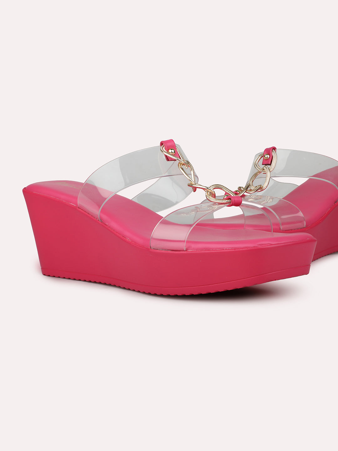 Women Pink Transparent Two Strap Wedge Heels With Chain Details