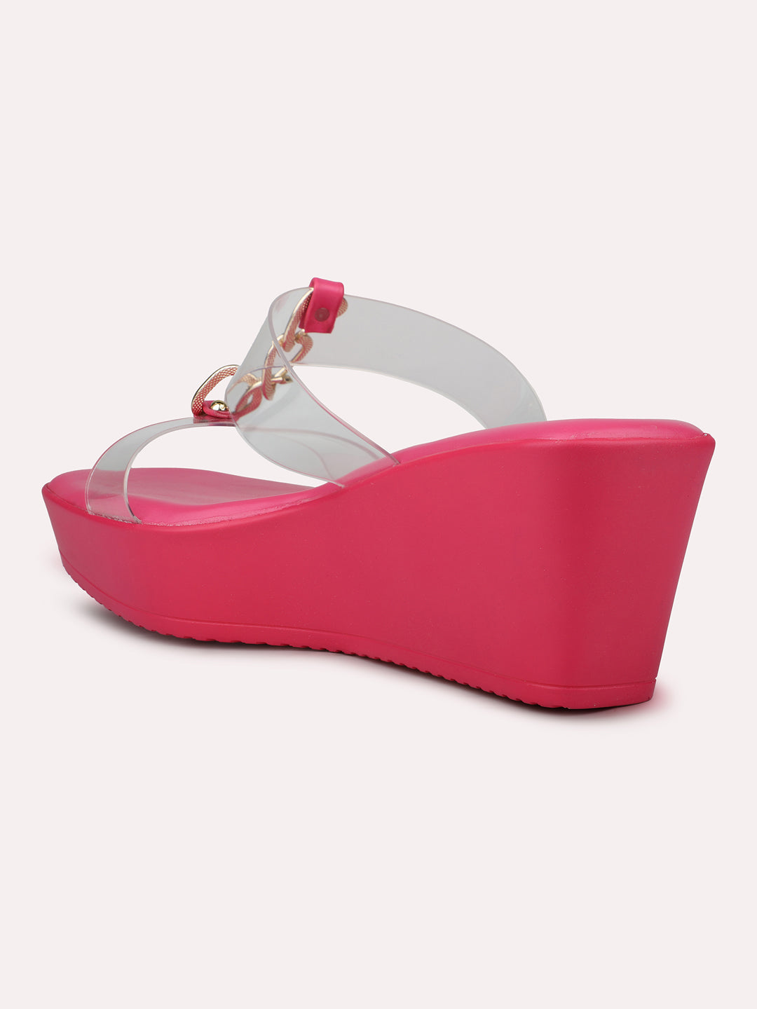 Women Pink Transparent Two Strap Wedge Heels With Chain Details