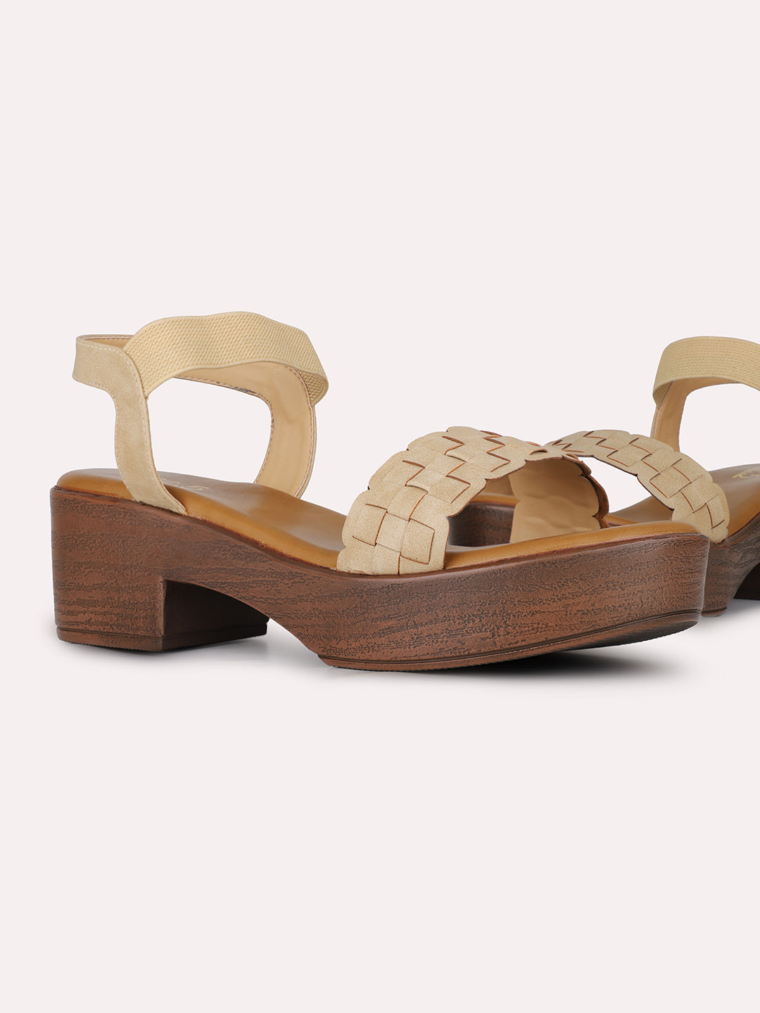 Women Beige Party Wear Printed Round Toe Platform Heel Sandals