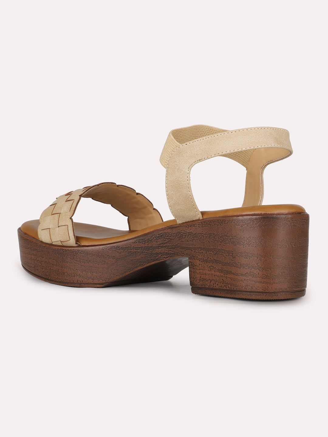 Women Beige Party Wear Printed Round Toe Platform Heel Sandals