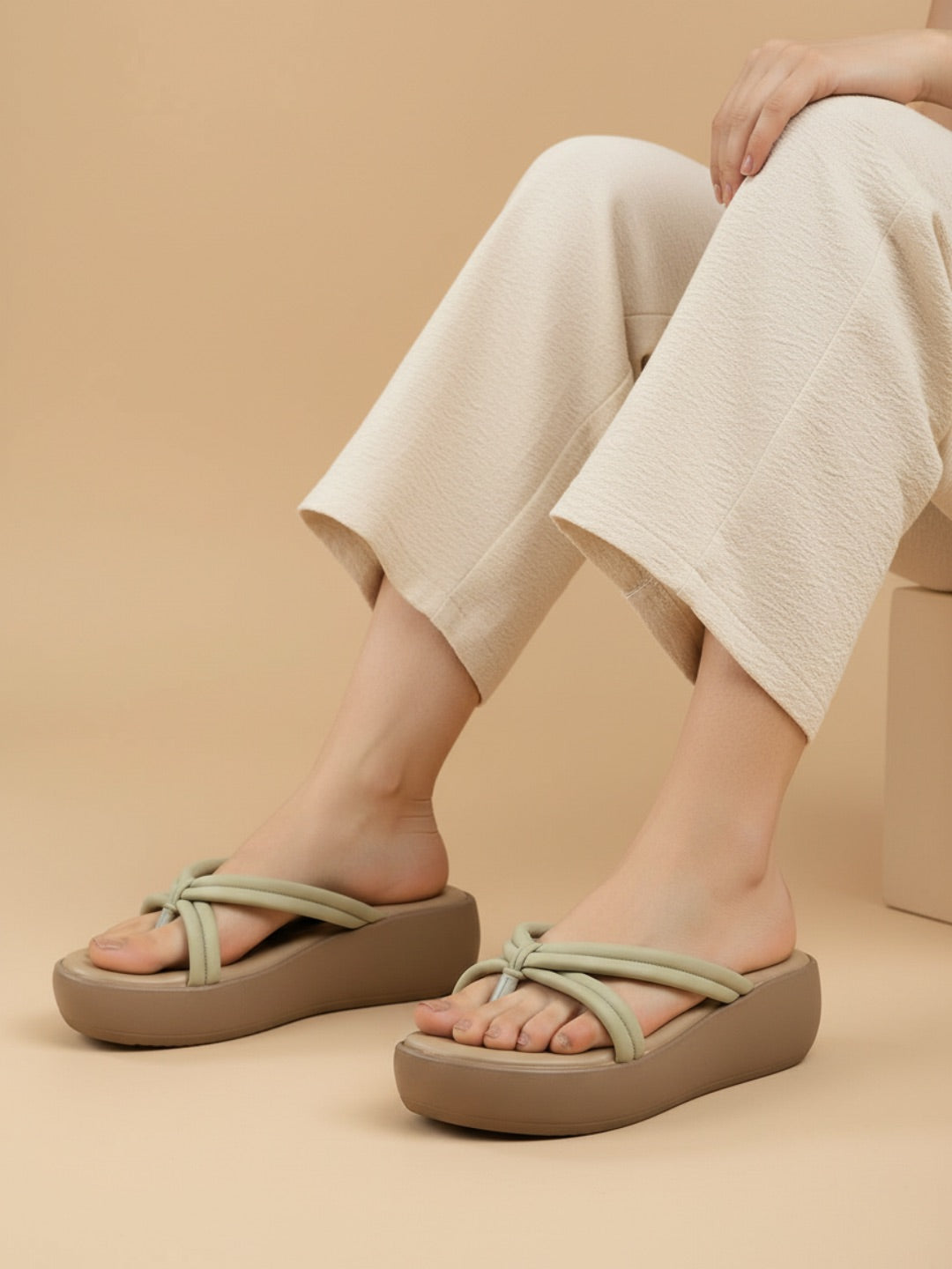 Womens Green Party Wear Solid Round Toe Wedge Heels