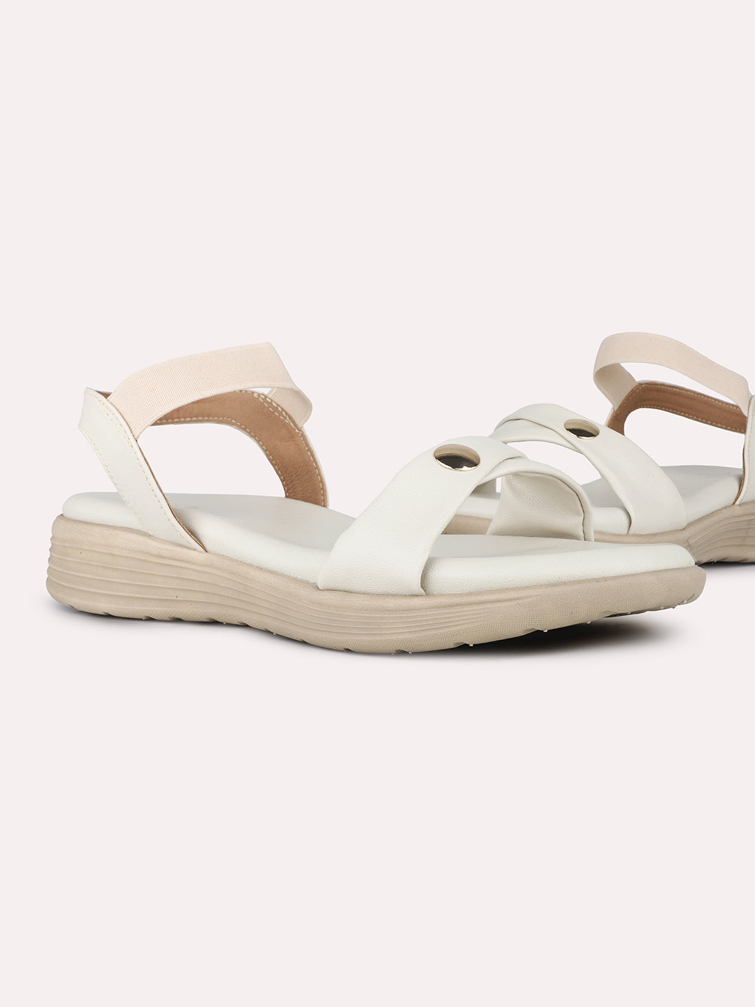 Women Cream Party Wear Solid Round Toe Sandals