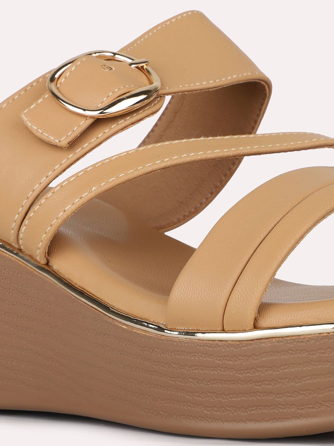 Women Beige Party Wear Solid Pattern Round Toe Wedge Heels