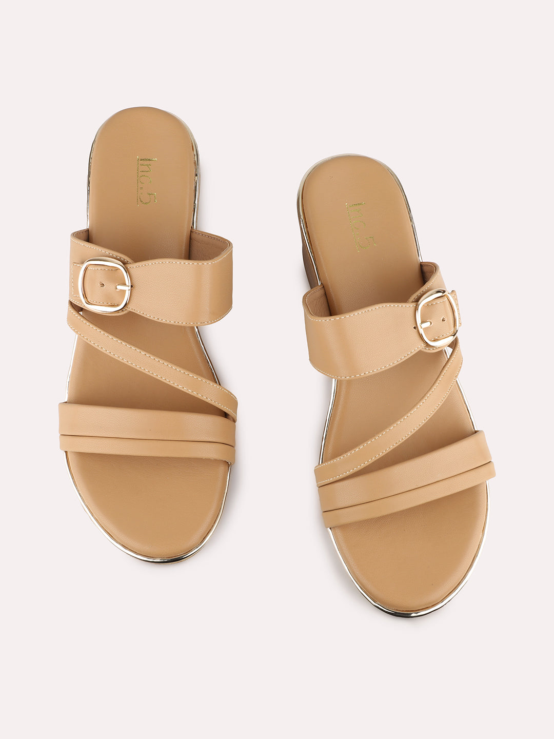 Women Beige Party Wear Solid Pattern Round Toe Wedge Heels