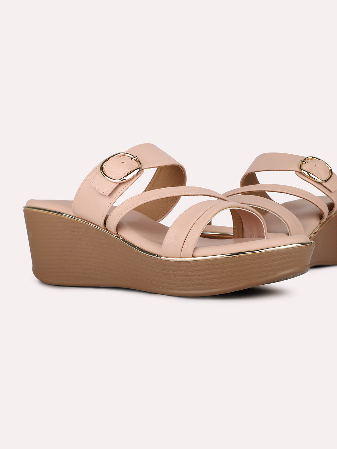 Women Peach Party Wear Solid Round Toe Wedge Heel Sandals