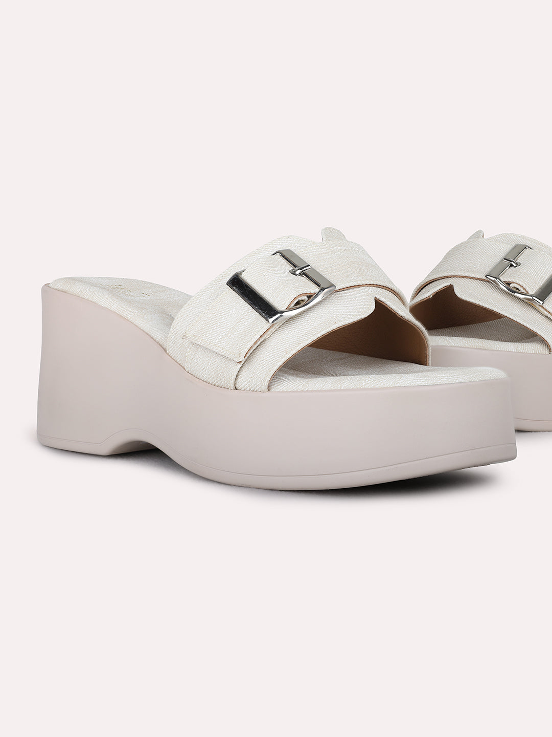 Womens Cream Party Wear Printed Round Toe Platform Heel Sandals