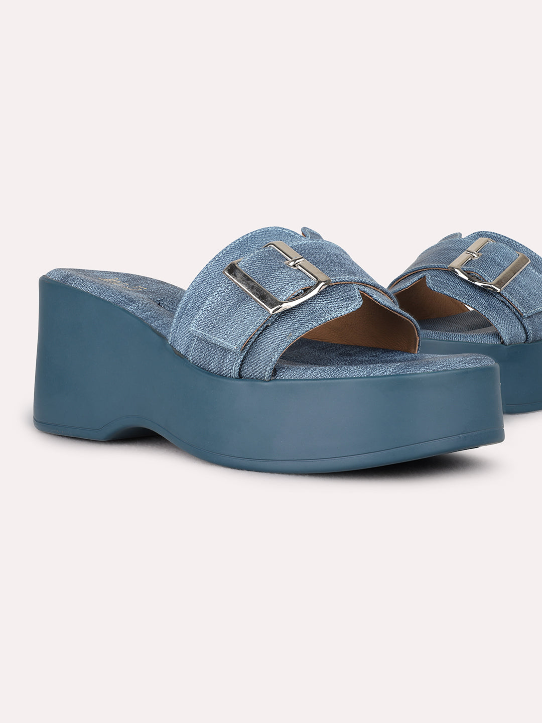 Womens Navy Party Wear Printed Round Toe Platform Heel Sandals