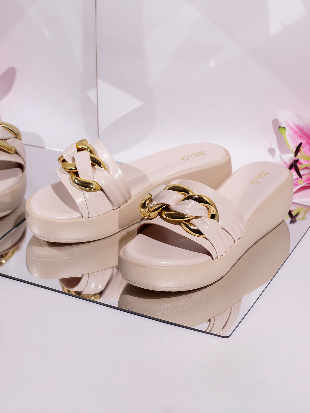 Womens Cream Party Wear Round Toe Wedge Heels