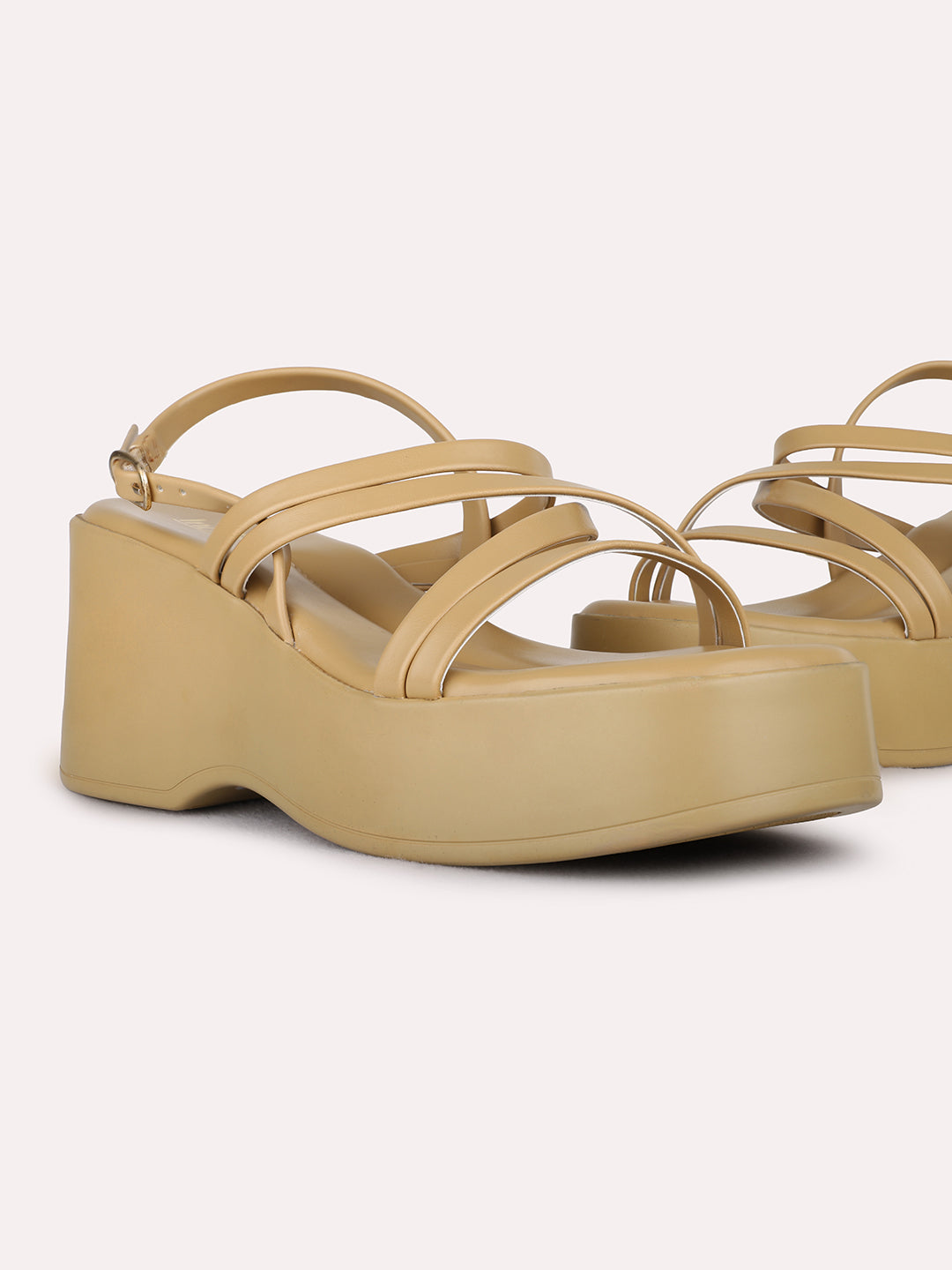 Womens Beige Party Wear Striped Round Toe Platform Heel Sandals