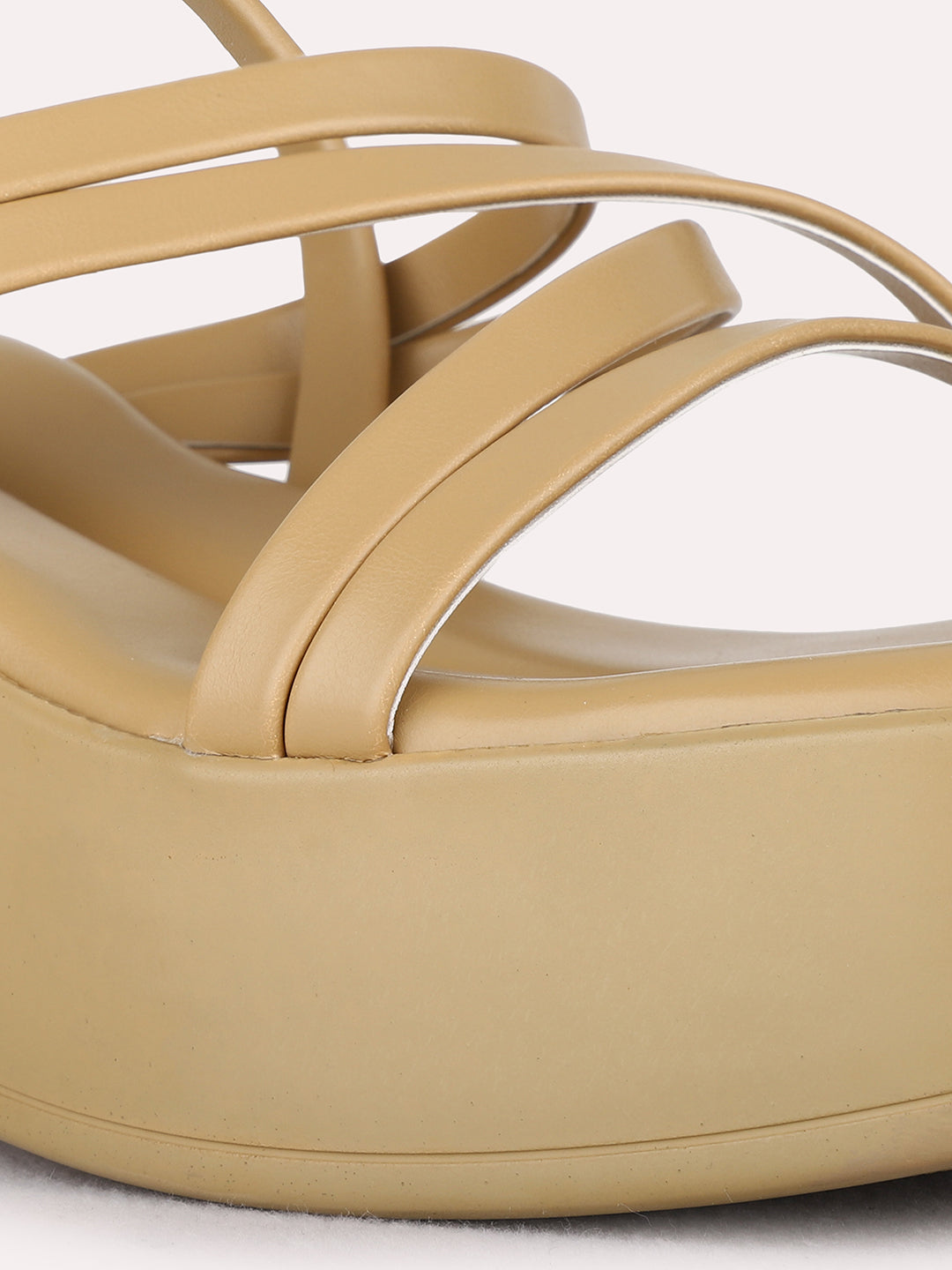 Womens Beige Party Wear Striped Round Toe Platform Heel Sandals