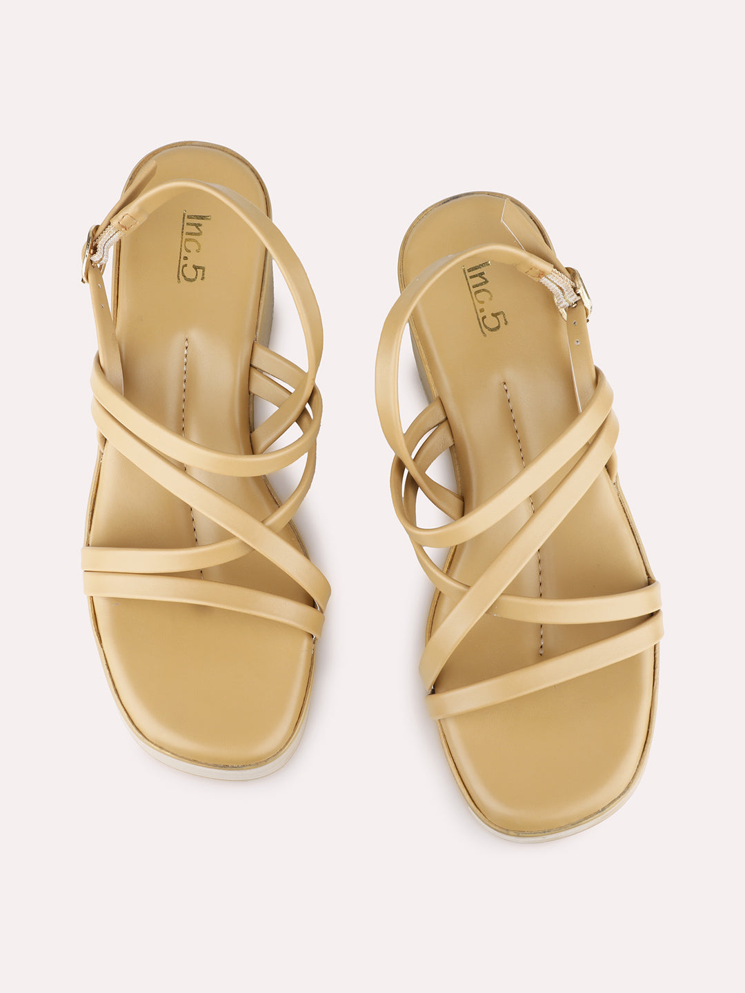 Womens Beige Party Wear Striped Round Toe Platform Heel Sandals