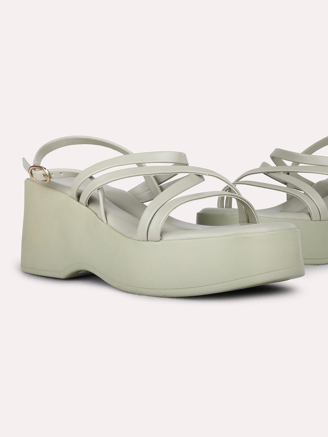 Womens Green Party Wear Striped Round Toe Platform Heel Sandals