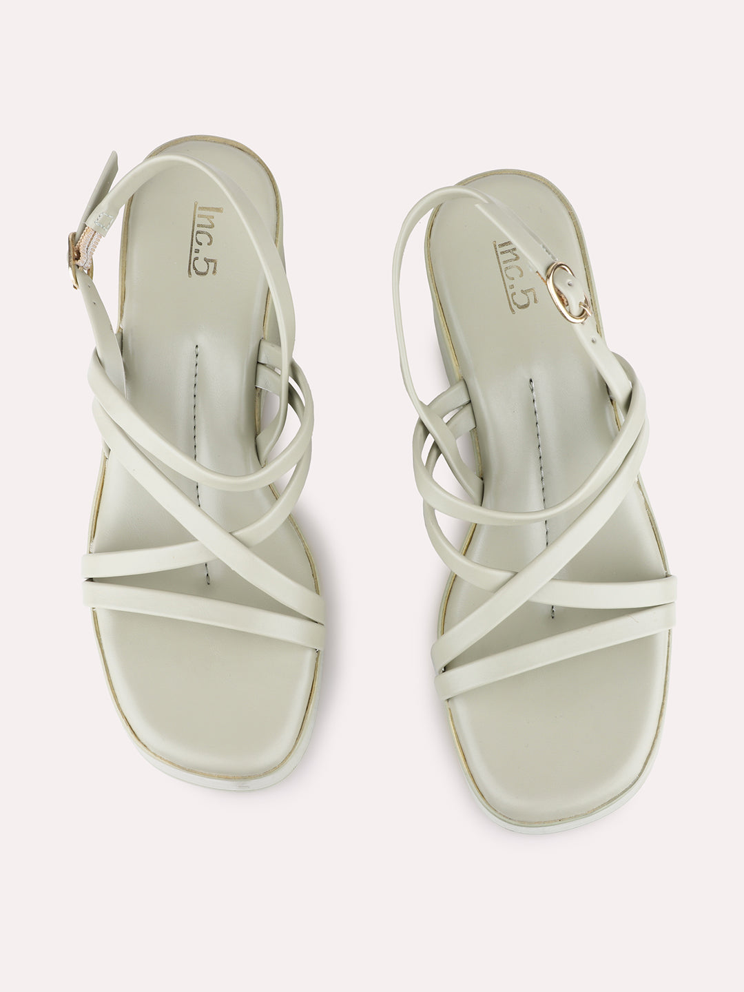 Womens Green Party Wear Striped Round Toe Platform Heel Sandals