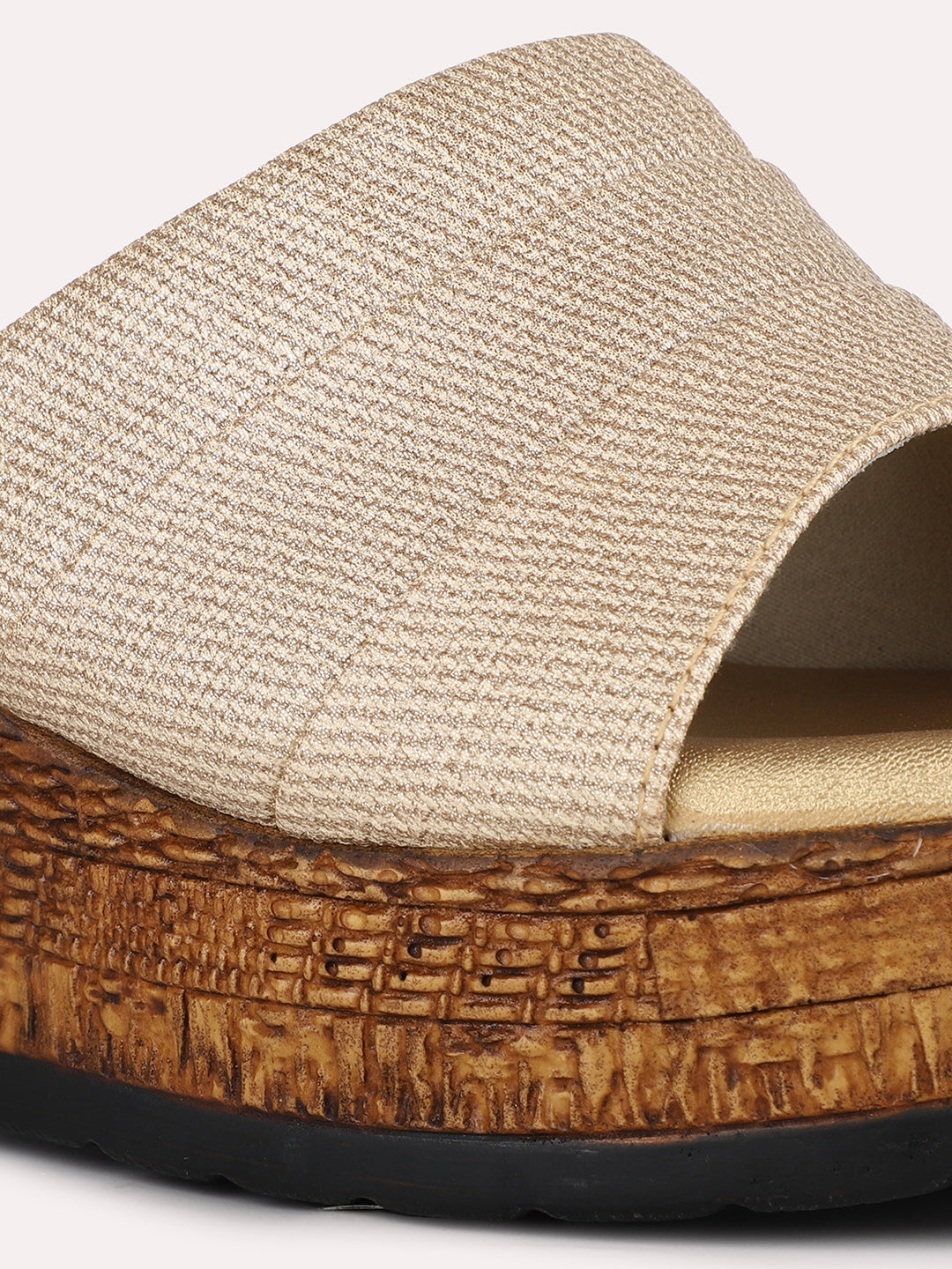 Women Golden Party Wear Solid Pattern Round Toe Wedge Heel Sandals