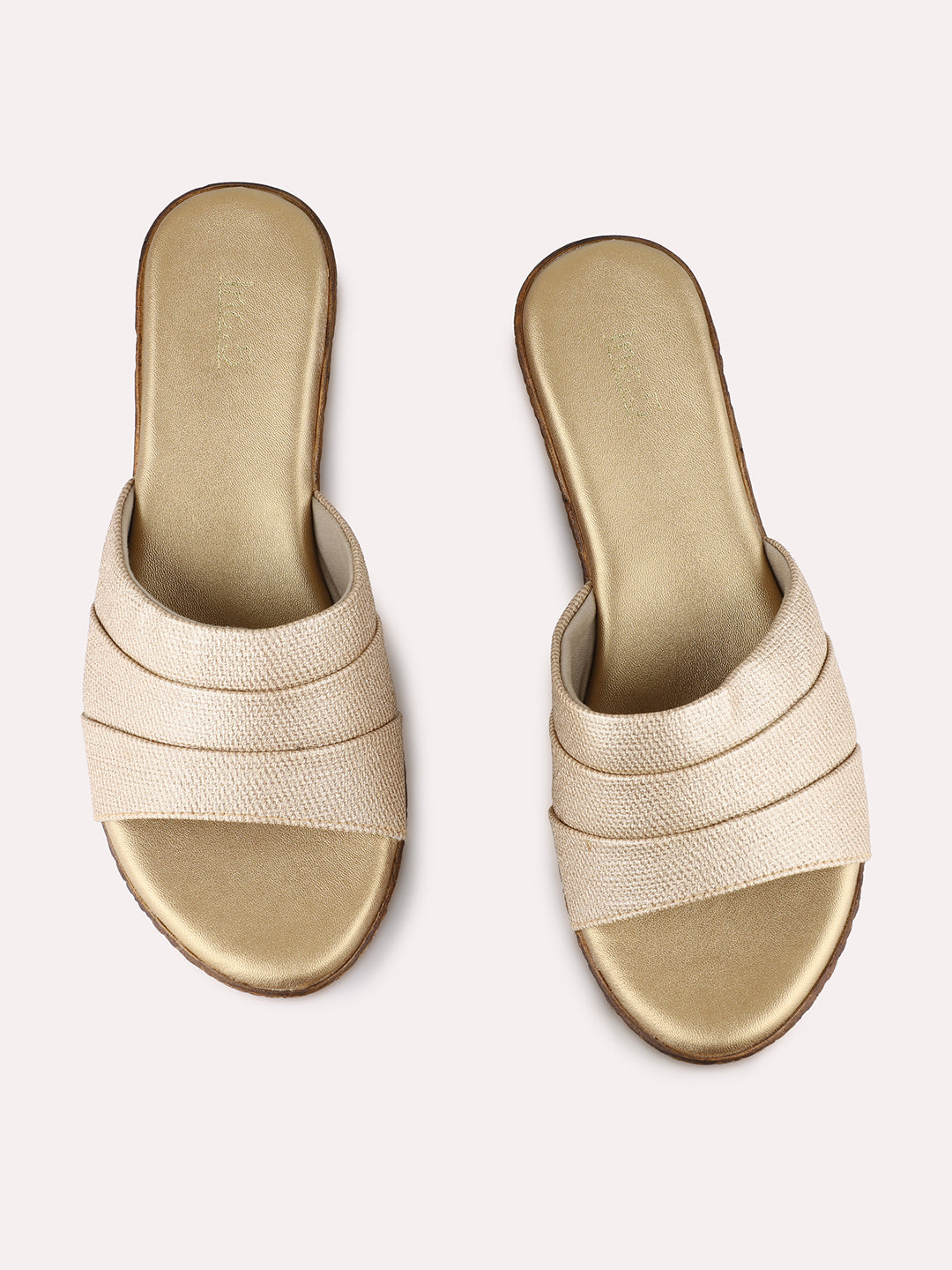 Women Golden Party Wear Solid Pattern Round Toe Wedge Heel Sandals