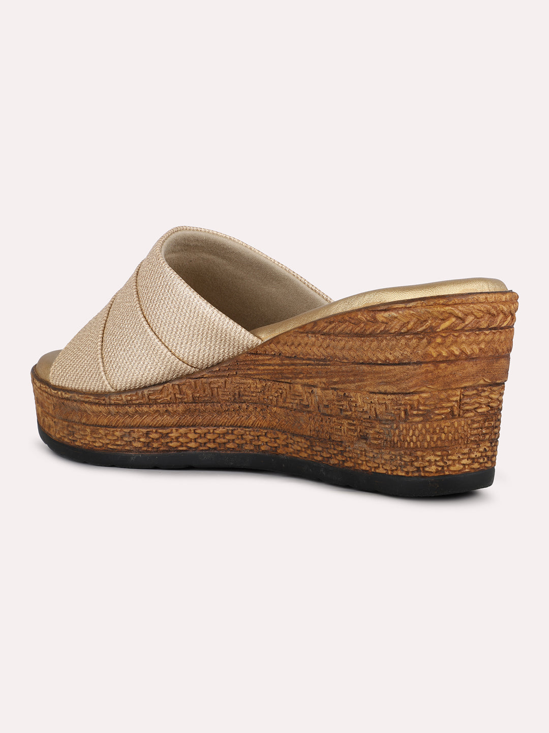 Women Golden Party Wear Solid Pattern Round Toe Wedge Heel Sandals