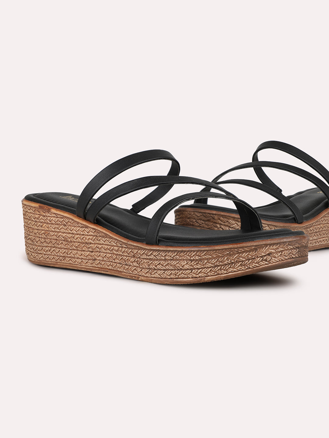 Women Black Ethnic Solid Round Toe Wedge Heels