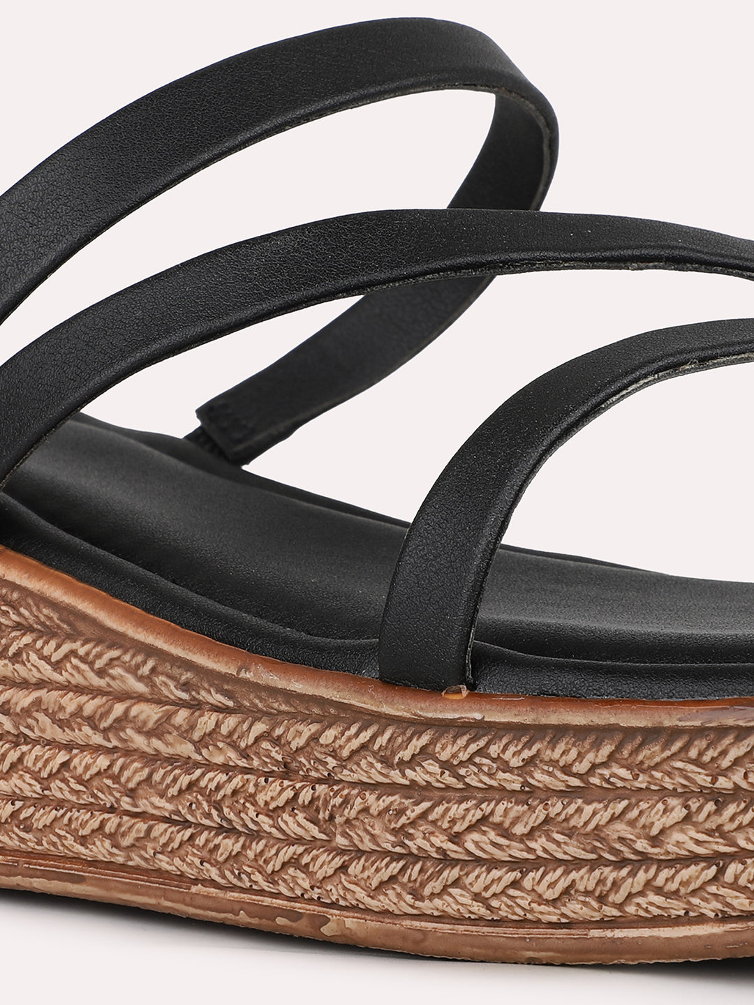 Women Black Ethnic Solid Round Toe Wedge Heels