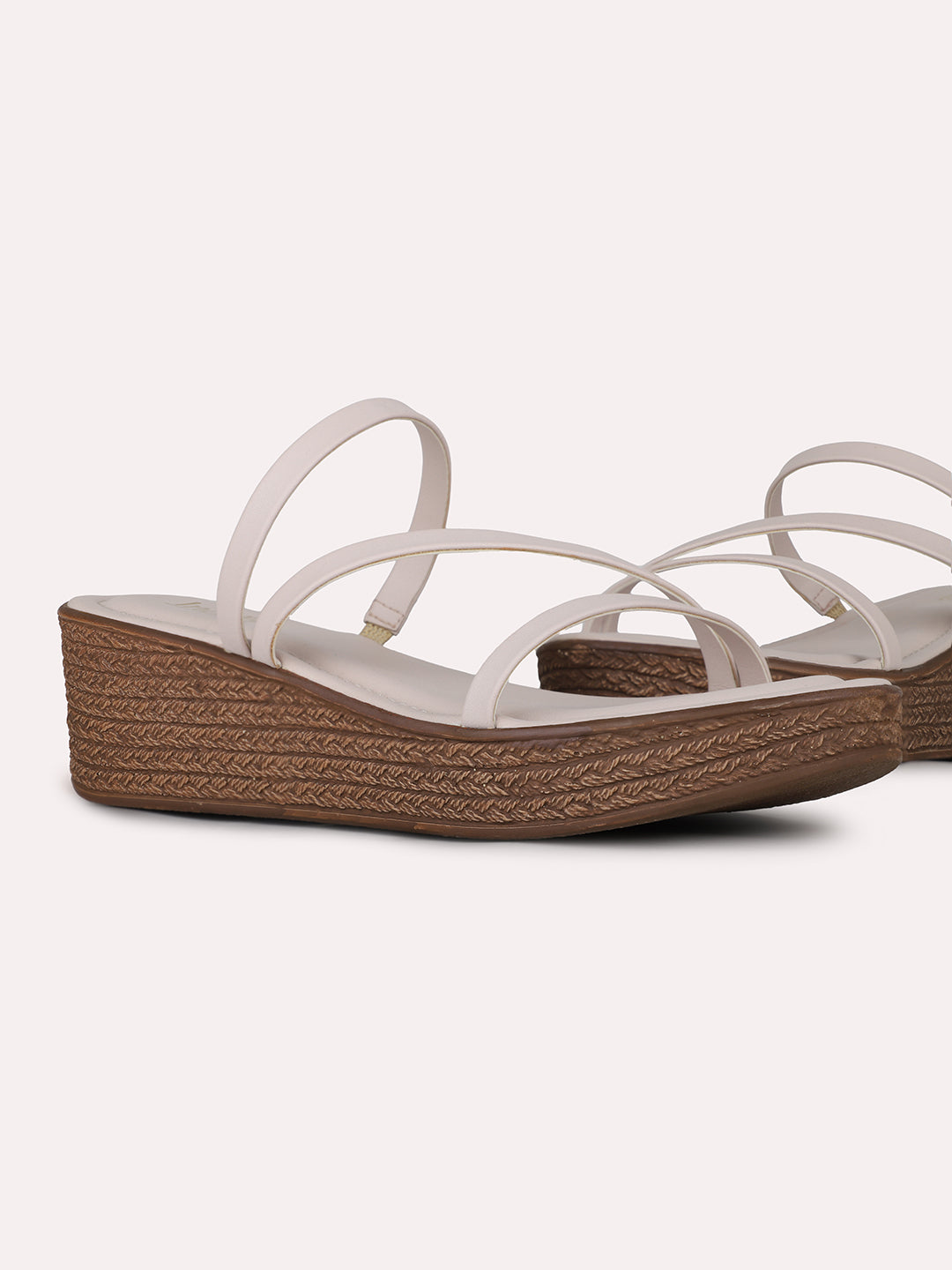 Womens Cream Party Wear Solid Pattern Round Toe Wedge Heels