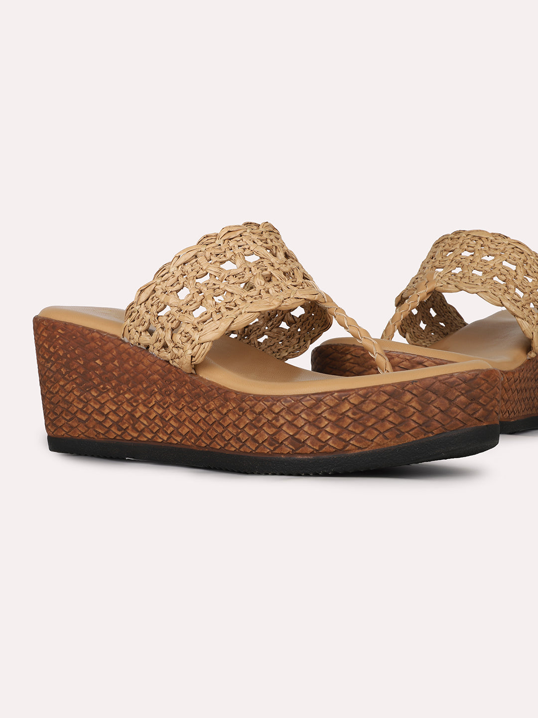 Womens Beige Ethnic Embellished Round Toe Wedge Heel Sandals