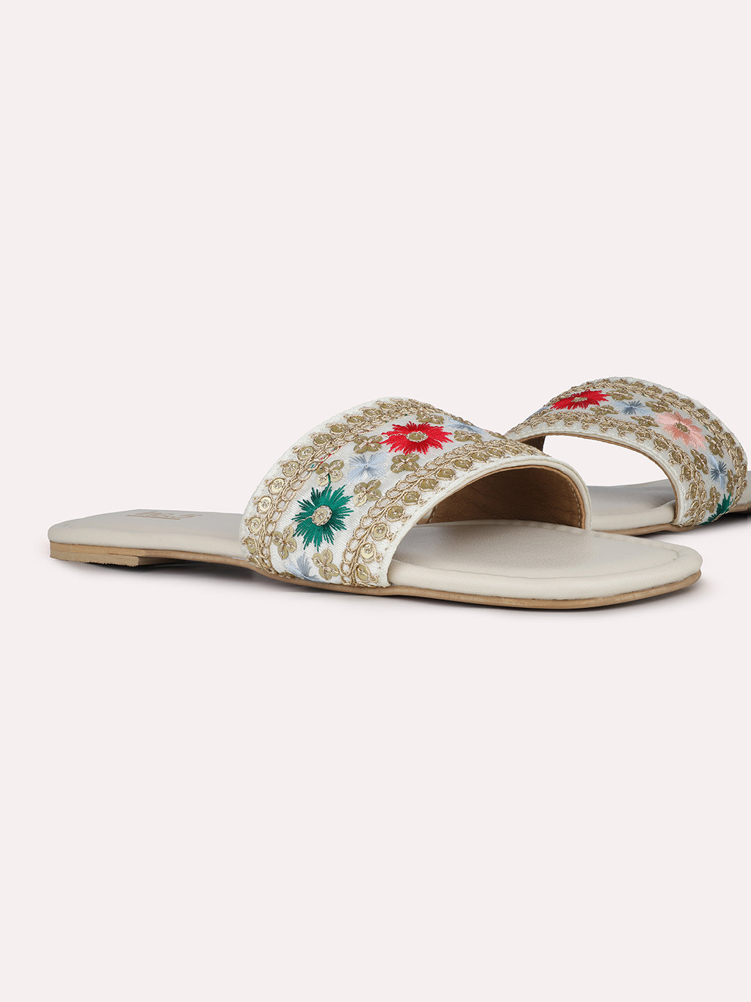 Womens Cream Ethnic Embellished Open Toe Slip-On Flat Sandals