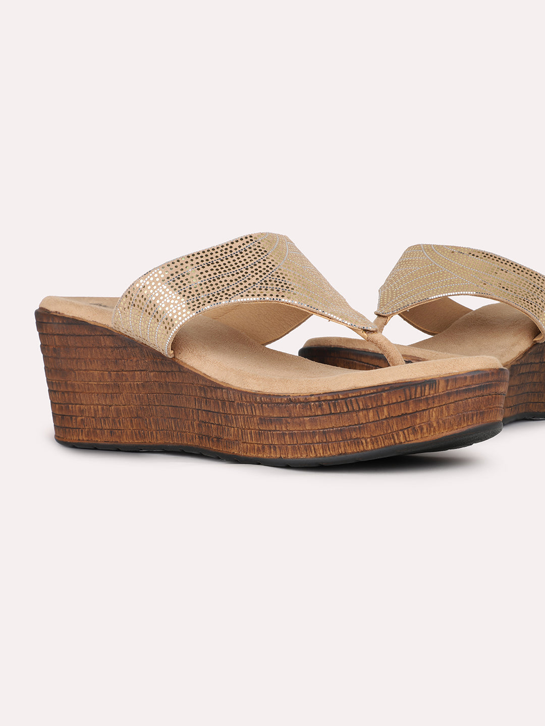 Women Beige Ethnic Solid Round Toe Wedge Heel Sandals