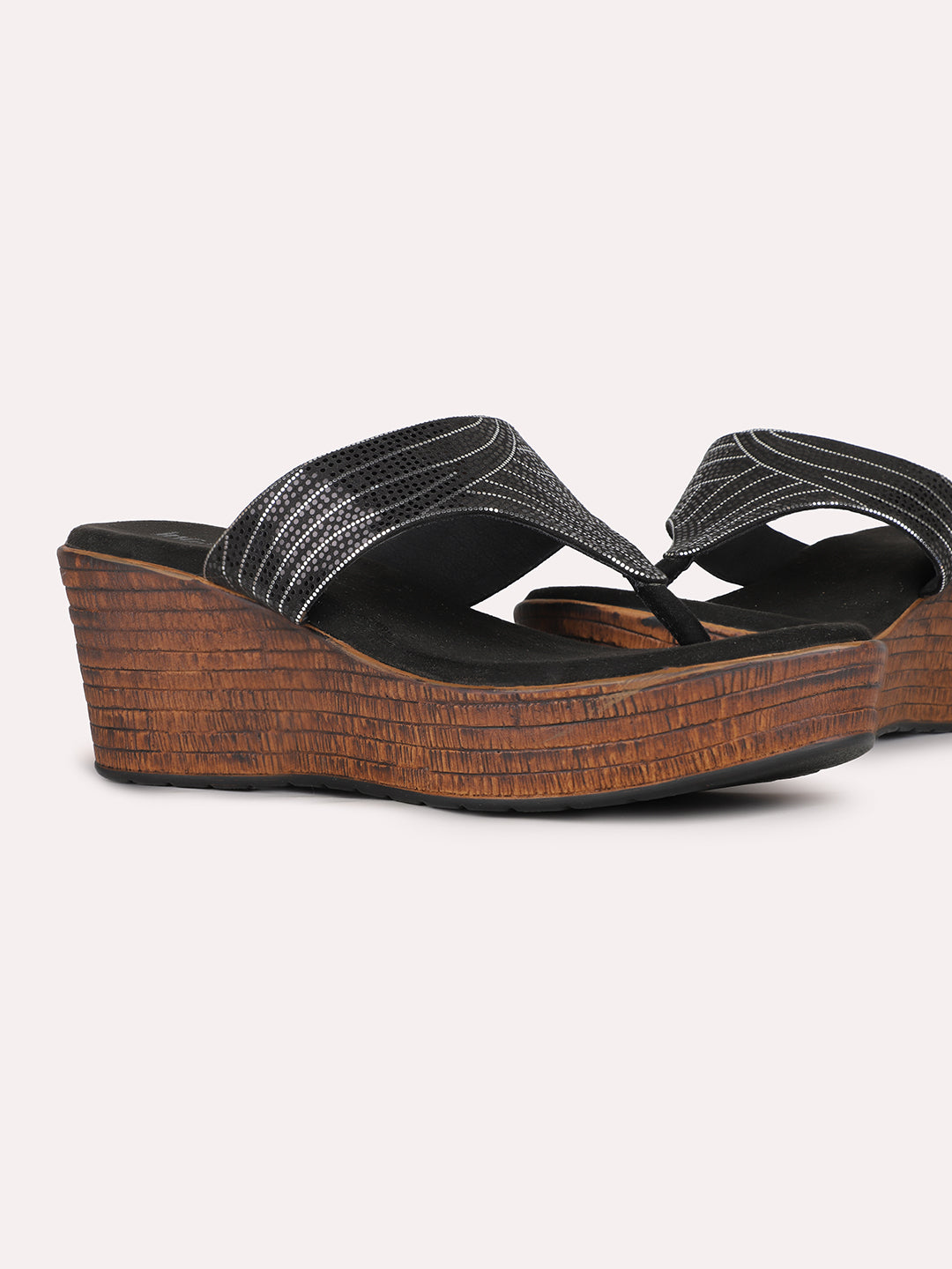 Women Black Ethnic Solid Round Toe Wedge Heel Sandals