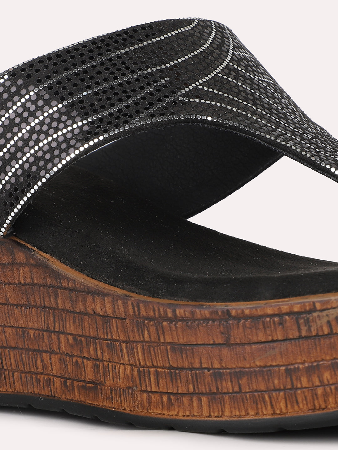 Women Black Ethnic Solid Round Toe Wedge Heel Sandals