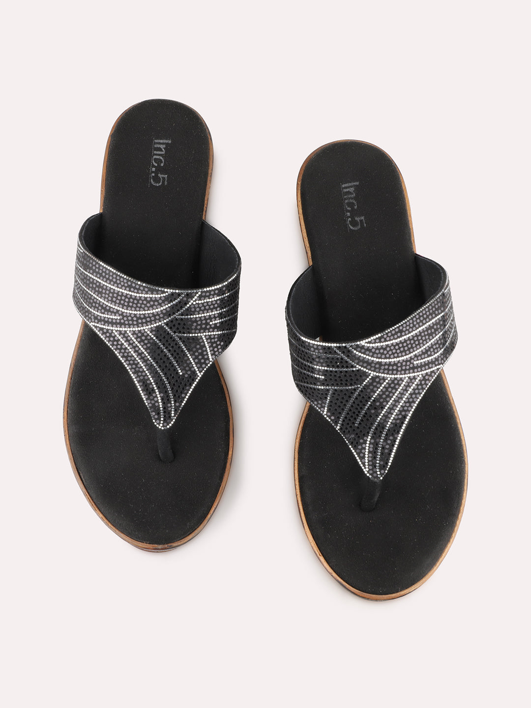 Women Black Ethnic Solid Round Toe Wedge Heel Sandals