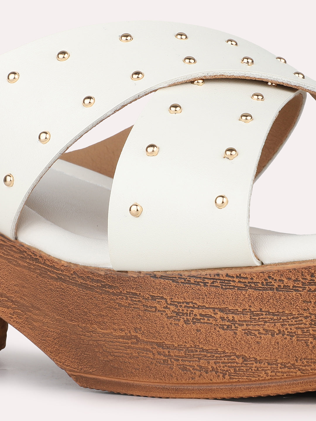 Women White Party Wear Printed Round Toe Platform Heel Sandals