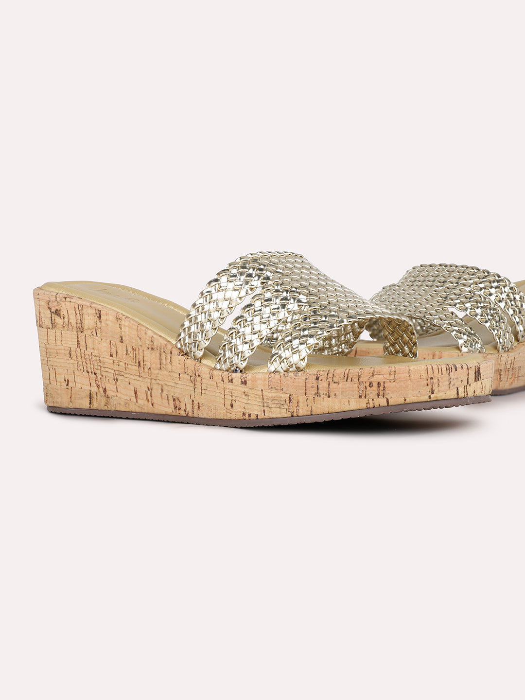 Women Golden Ethnic Embellished Round Toe Wedge Heel Sandals