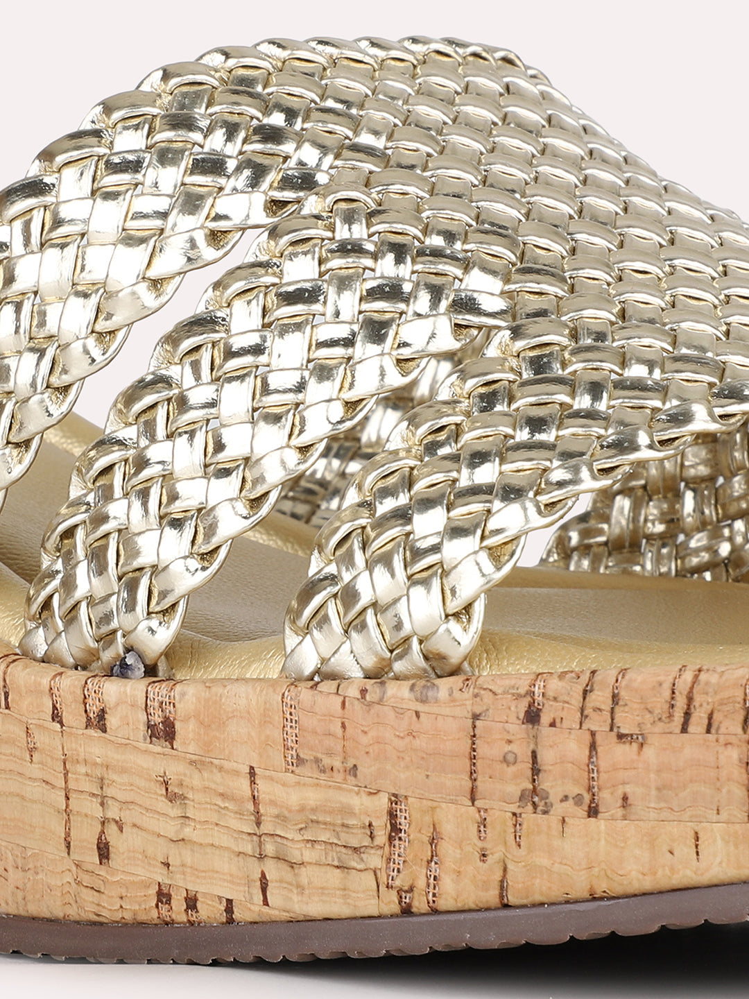 Women Golden Ethnic Embellished Round Toe Wedge Heel Sandals