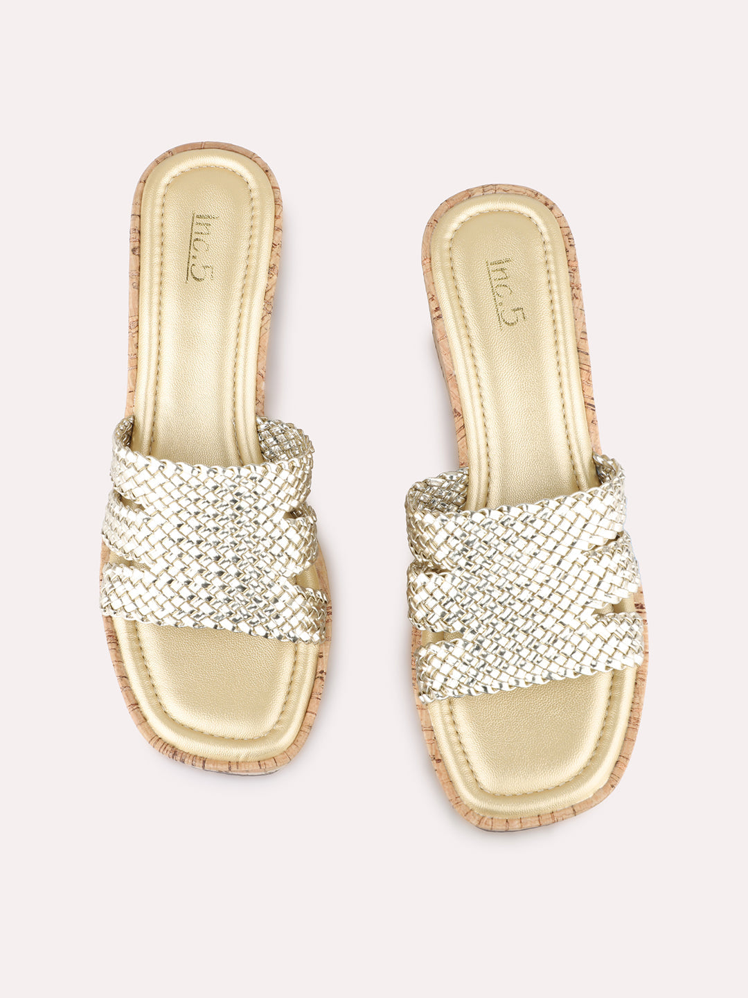 Women Golden Ethnic Embellished Round Toe Wedge Heel Sandals