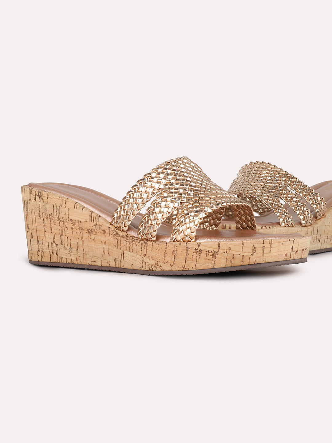 Women Rose Gold Ethnic Solid Round Toe Wedge Heel Sandals