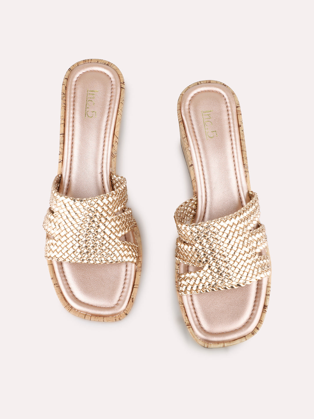 Women Rose Gold Ethnic Solid Round Toe Wedge Heel Sandals