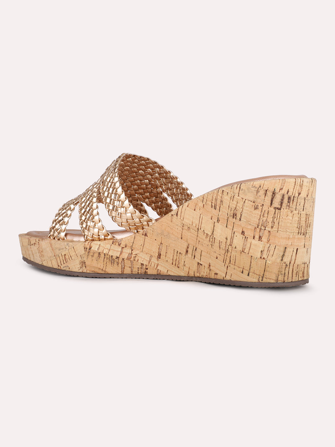 Women Rose Gold Ethnic Solid Round Toe Wedge Heel Sandals