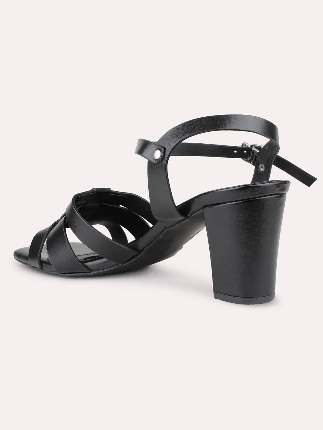 Womens Black Party Wear Solid Square Toe Block Heel Sandals