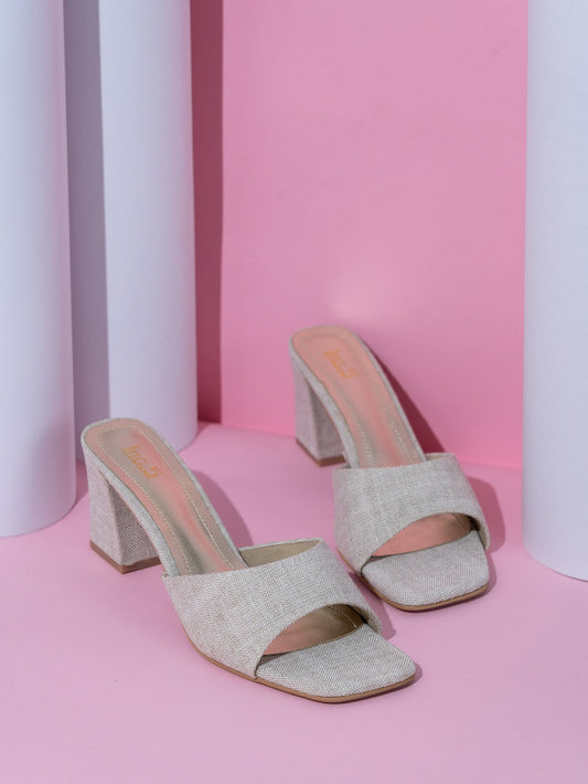 Womens Beige Party Wear Solid Square Toe Block Heels