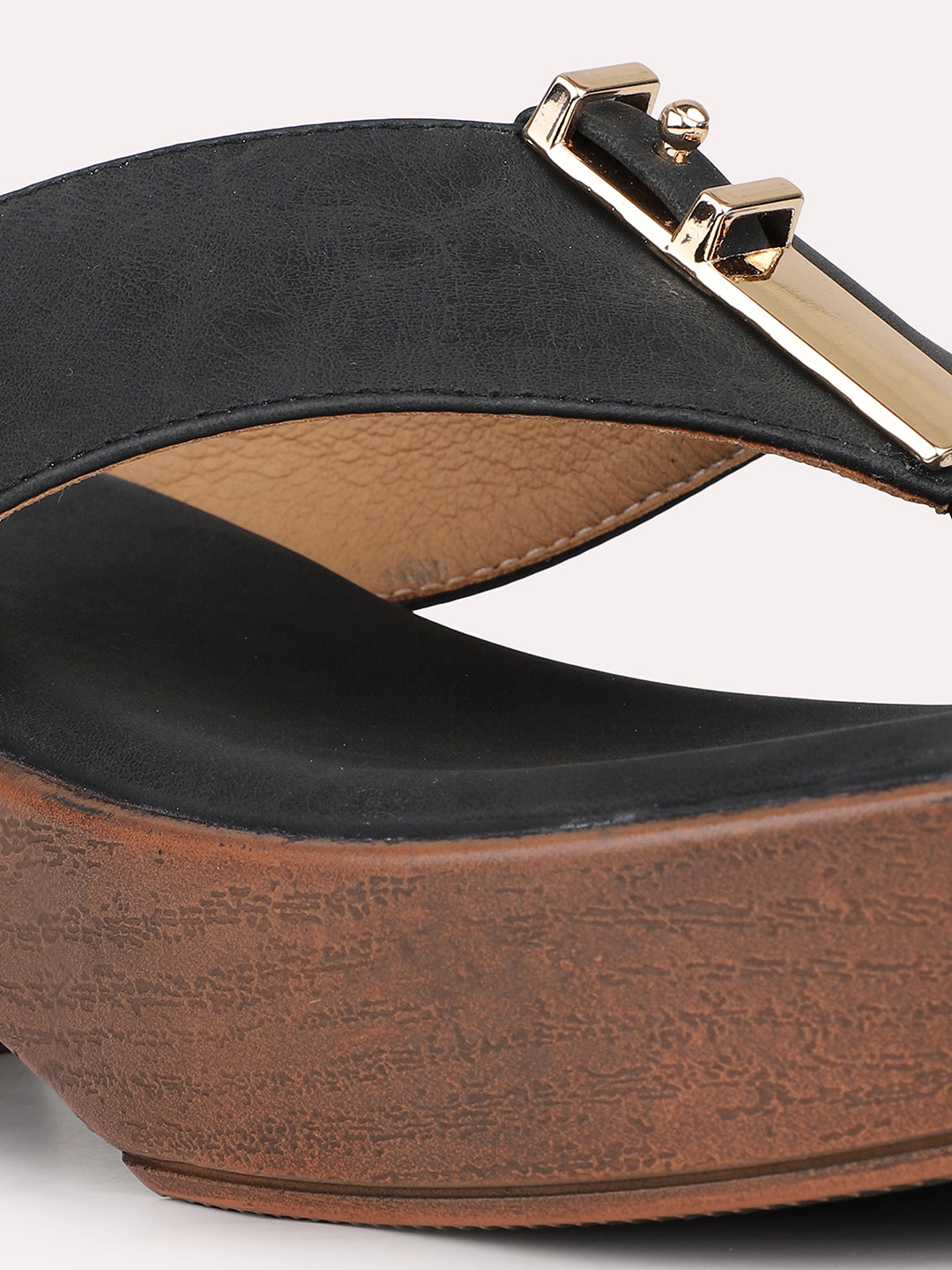 Womens Black Casual Thong Platform Heels