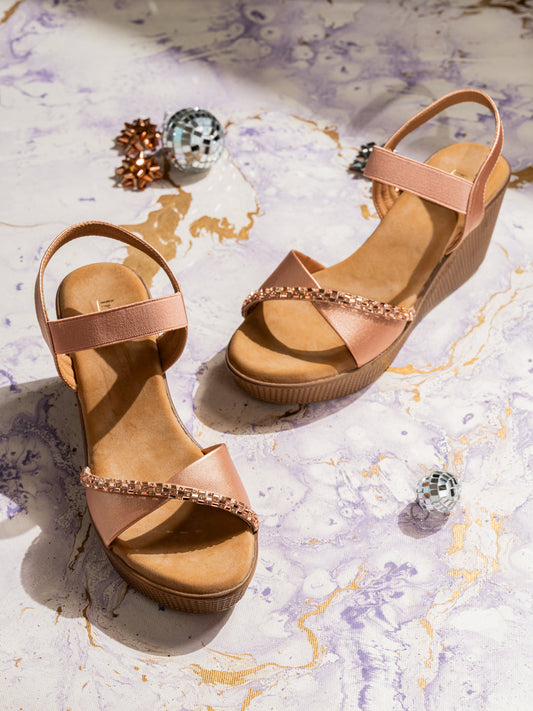 Womens Rose Gold Party Wear Solid Round Toe Heels