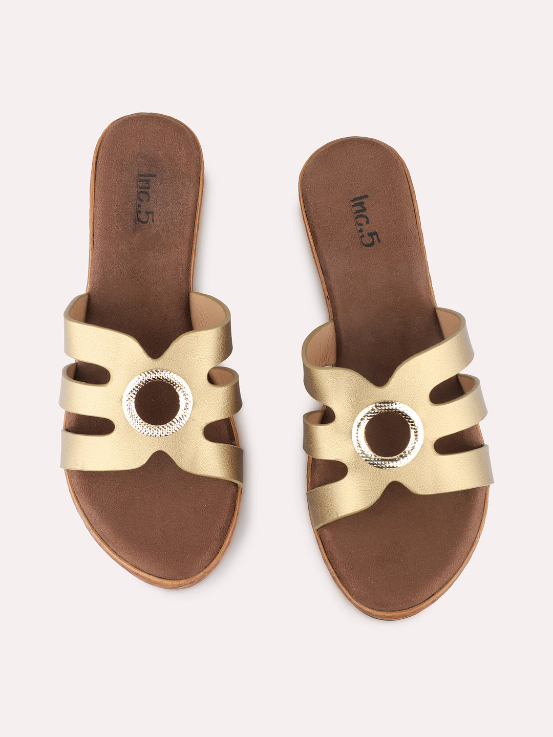 Women Gold Party Wear Solid Round Toe Wedge Heel Sandals