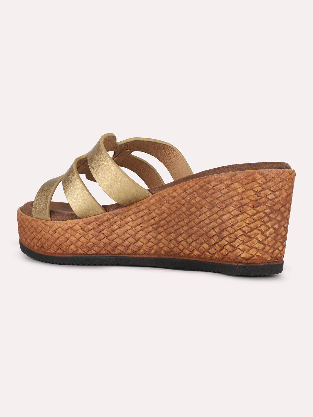 Women Gold Party Wear Solid Round Toe Wedge Heel Sandals