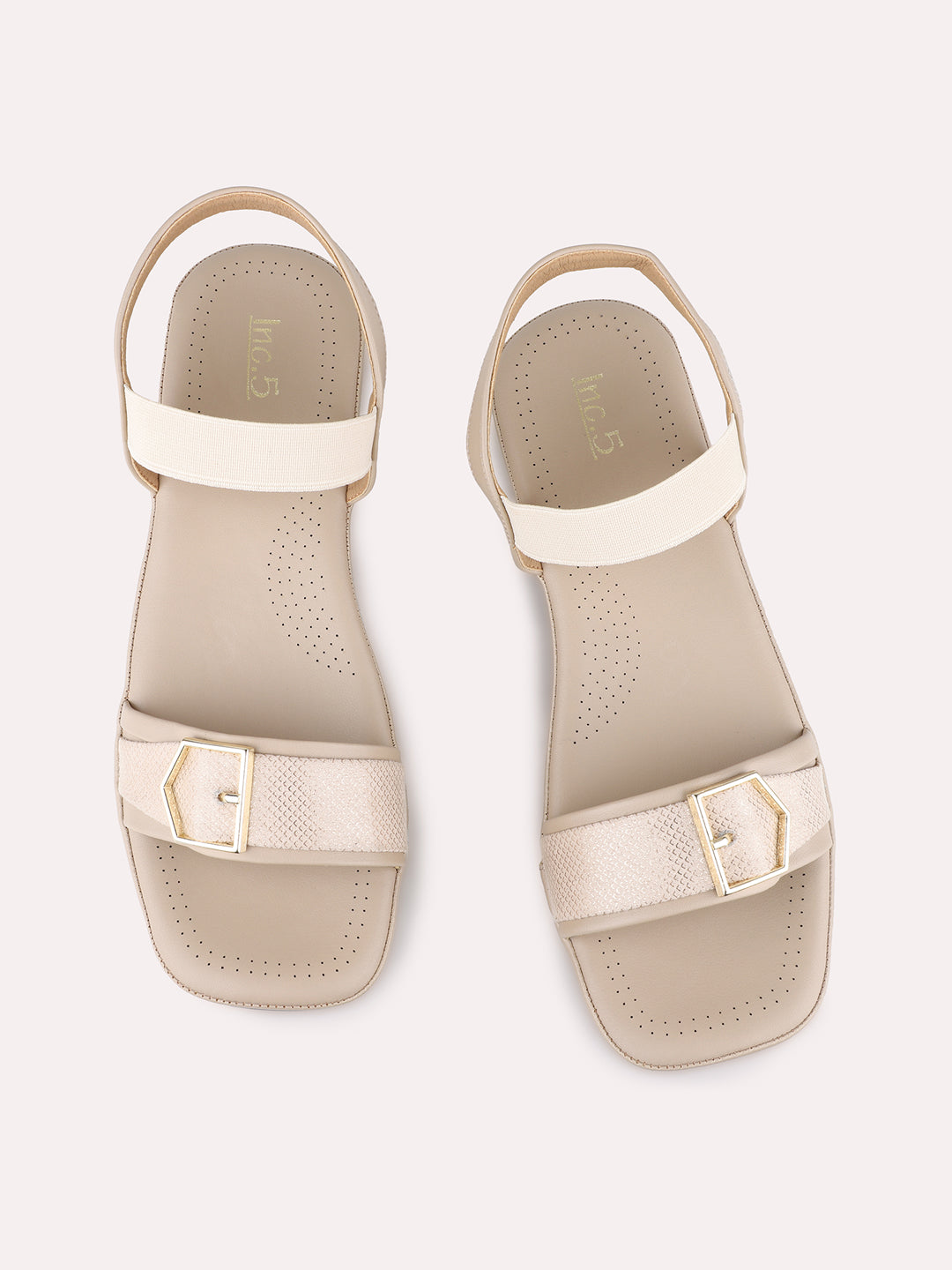 Womens Beige Party Wear Solid Pattern Round Toe Wedge Heel Sandals