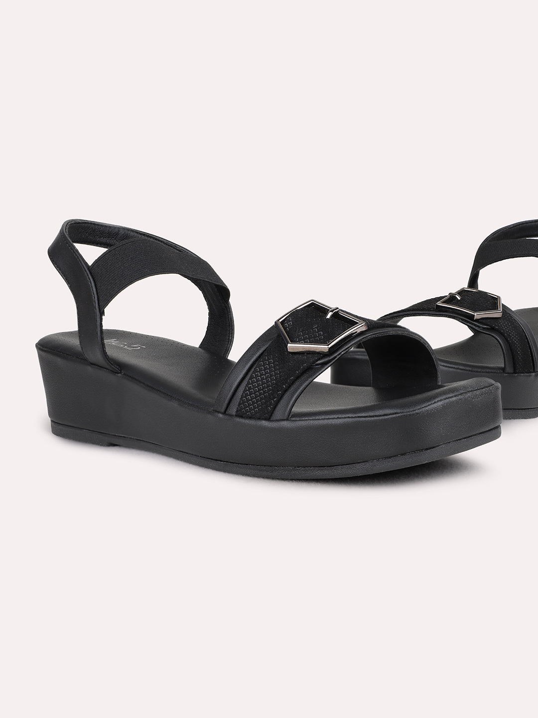 Womens Black Party Wear Solid Round Toe Wedge Heels