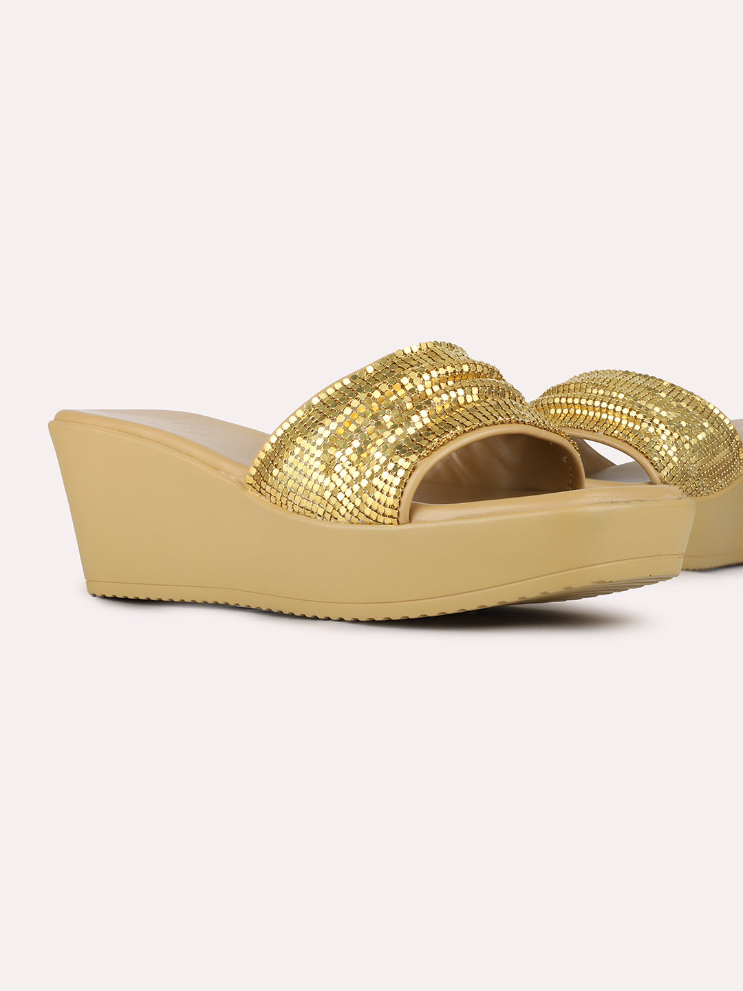 Womens Golden Ethnic Round Toe Wedge Heel Sandals